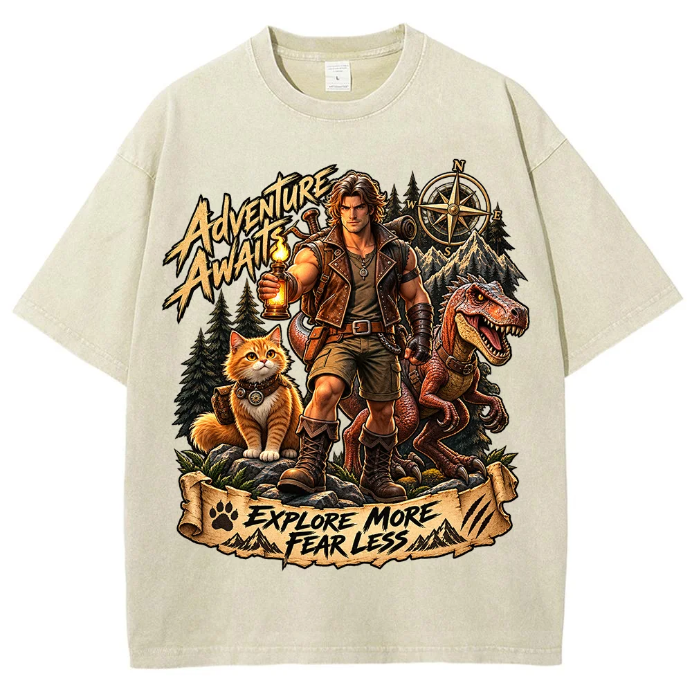 Men Adventure Awaits Graphic T Shirt Explorer Dinosaur Cat Print Vintage Casual Short Sleeve Top Outdoor Travel Streetwear Tee