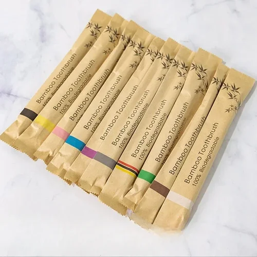 Imagen 2 del producto 10 Uds. Cepillo de dientes de bambú, cepillo de dientes de madera ecológico, punta de cerdas suaves, carbón, cuidado bucal para adultos, cepillos de dientes para viajes en Hotel
