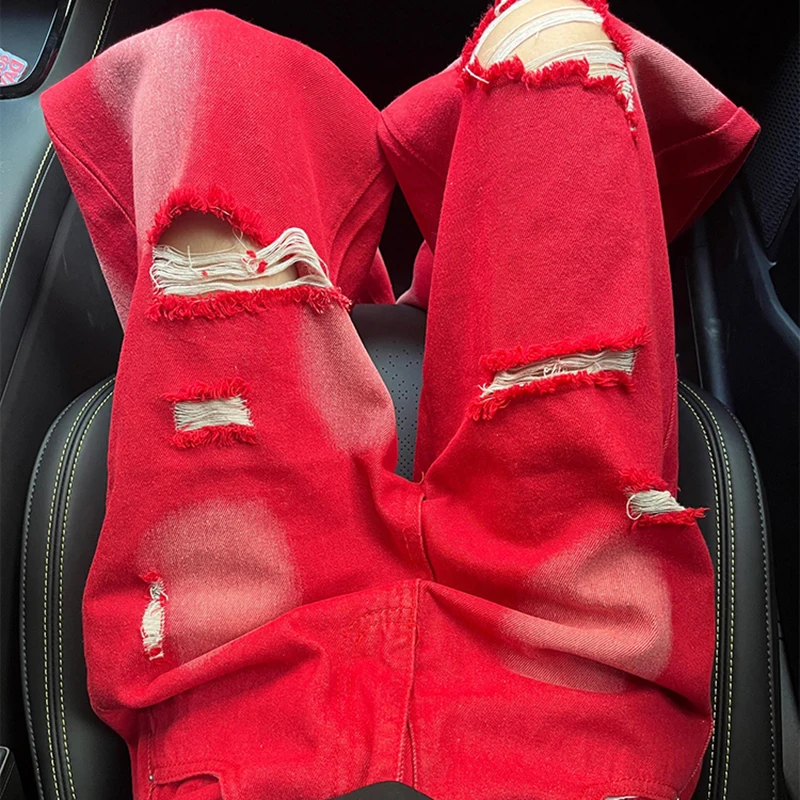 Zomer rode tie-dye gat denim broek dames 2025, nieuwe losse rechte jeans, high street vrouwelijke casual wijde pijpen broek