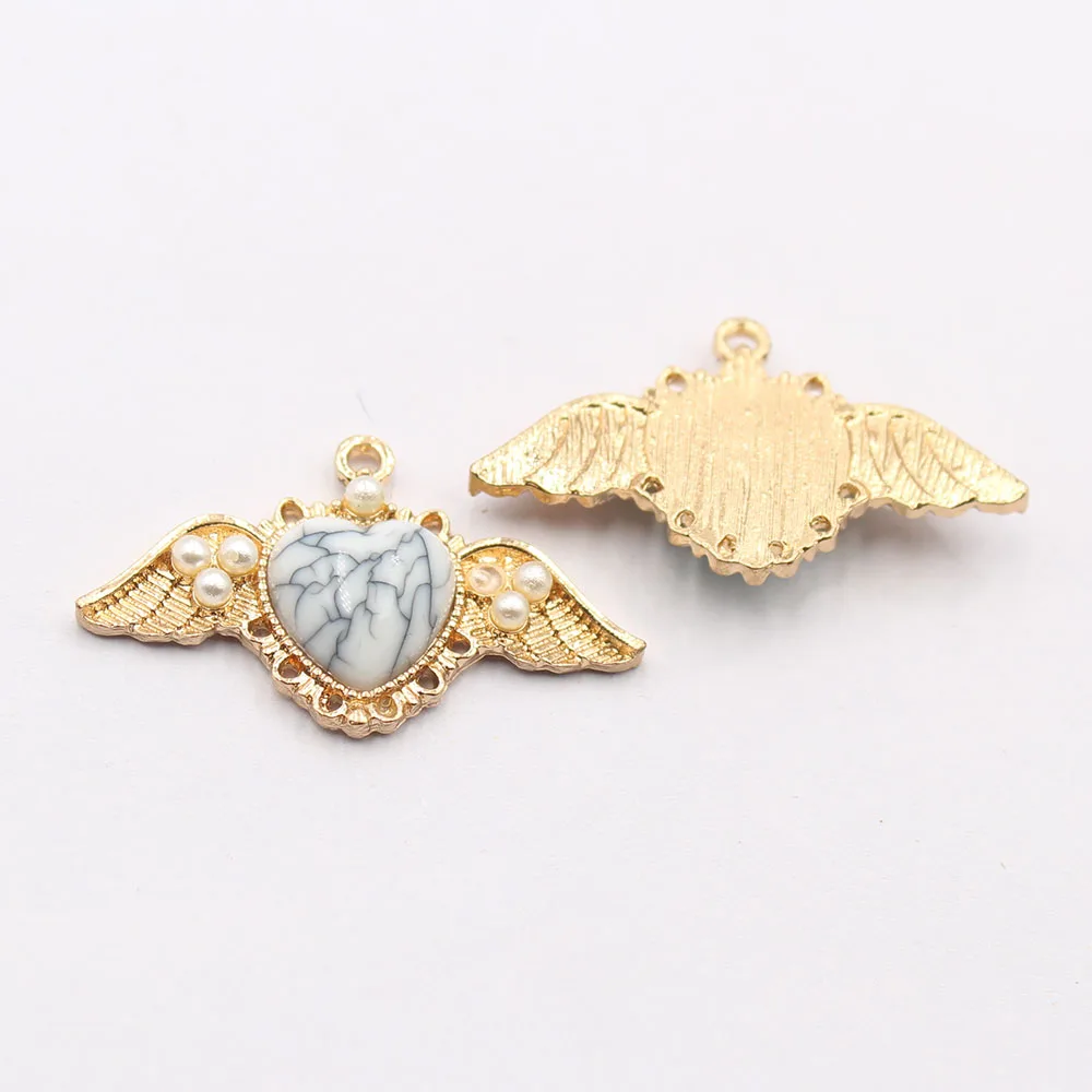 6 pieces of 21 * 36MM heart-shaped alloy peach heart pearl turquoise embellishment pendant Diy necklace bracklace bracelet penda