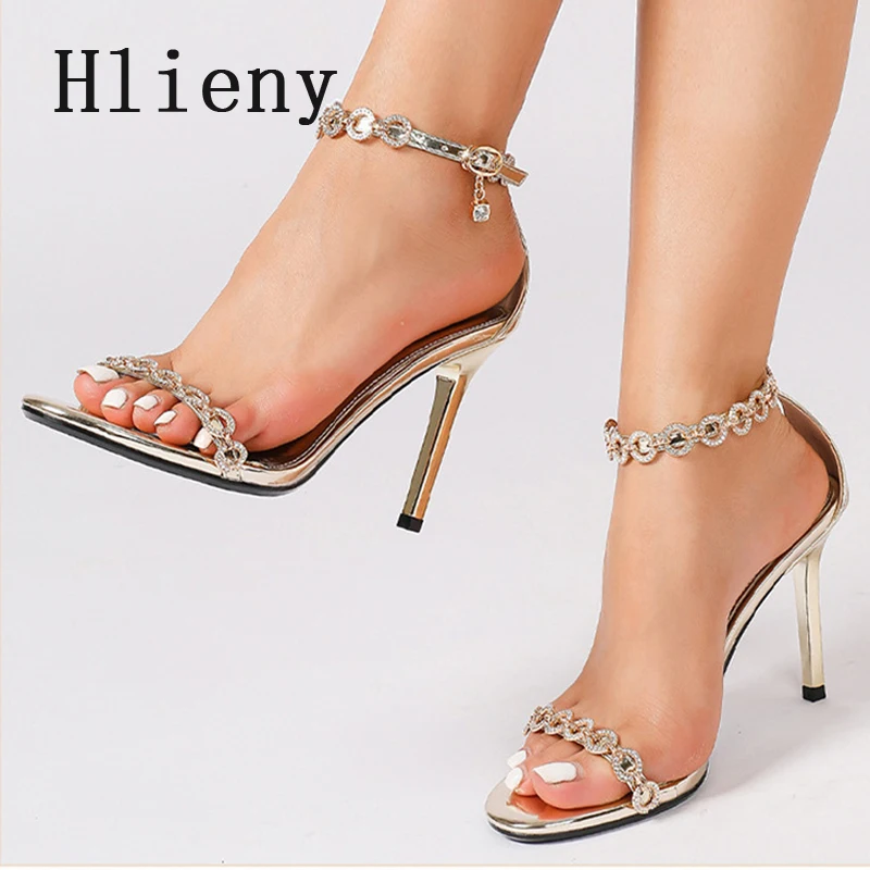 

Hlieny Rhinestone Chain Women Sandals Ankle Buckle Strap High Heels Sexy Female Open Toe Elegant Banquet Wedding Dress Shoes