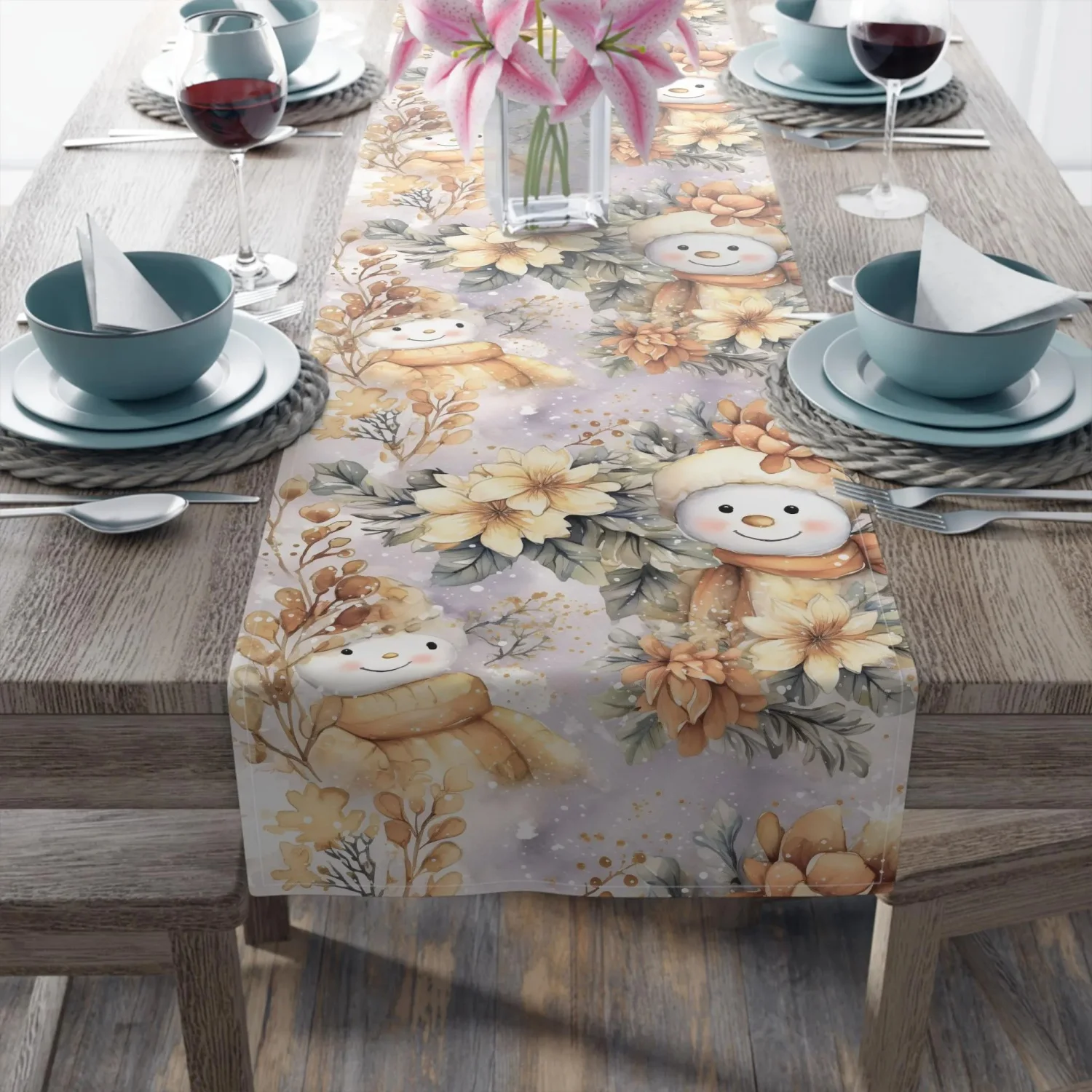 Floral Snowmen Christmas Table Runner, Holiday Dining Decor, New Year Presents