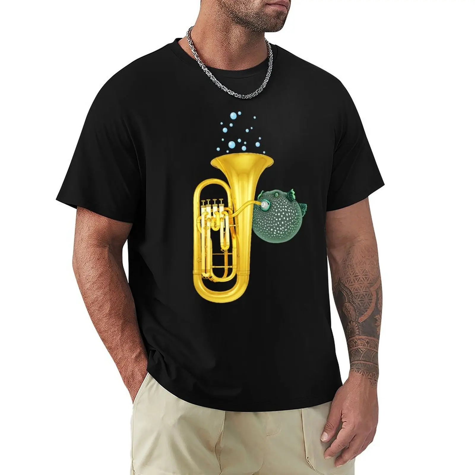 Puffer Fish Playing Tuba T-Shirt Active Sports Short Sleeve Cotton Shirt