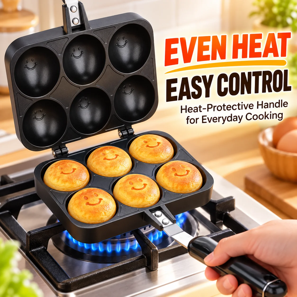 Uwhise Double Sided Dorayaki Maker 6 Hole Cute Smiley Pancake Mold Food Grade Non Stick Baking Pan Gas Cookware