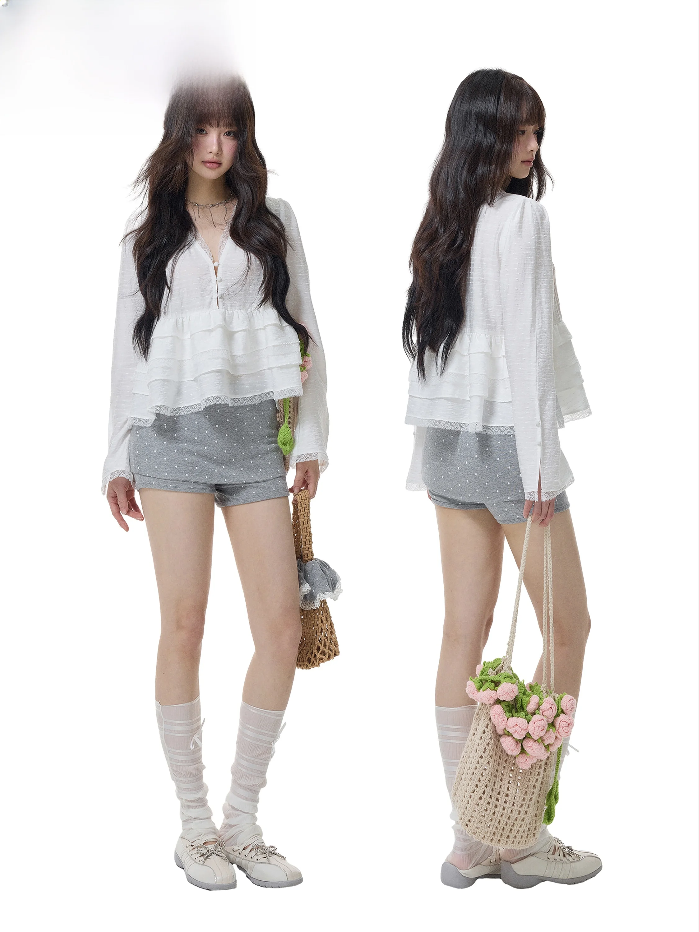 MuuRos Lace Design Long Sleeve V-Neck White T-Shirt Women's Sweet Style Loose Fit High Waist Bell Sleeve Polyester Blend Top