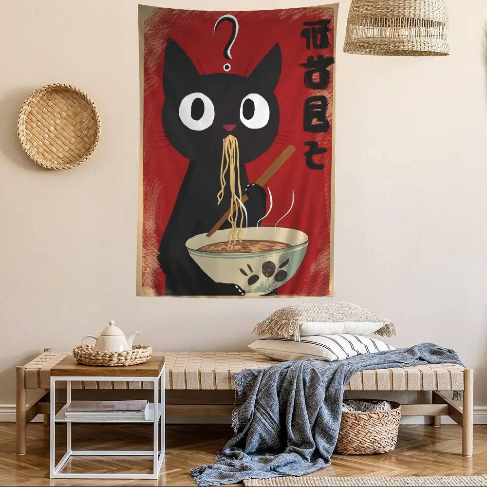 Japanese Cat Eating Noodles Canvas Anime Tapestry Hanging Tarot Hippie Wall Rugs Dorm Home Decor