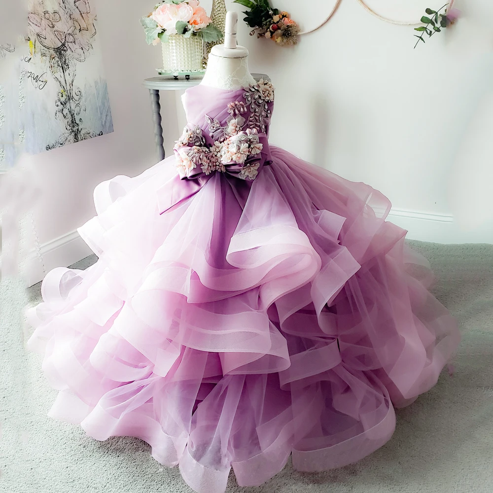 Roze Baljurk Bloem Meisje Drop Hals Ruches Tulle Puff 3D Bloemen Meisjes Verjaardag Feestjurken Backless Kids Pageant gown