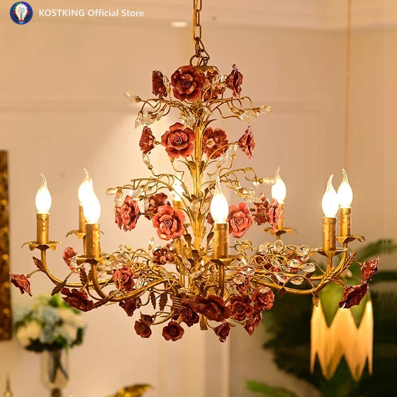 

French vintage country pendant lamp - rose flower dining room candle lamp - American country children's room bedroom lamp