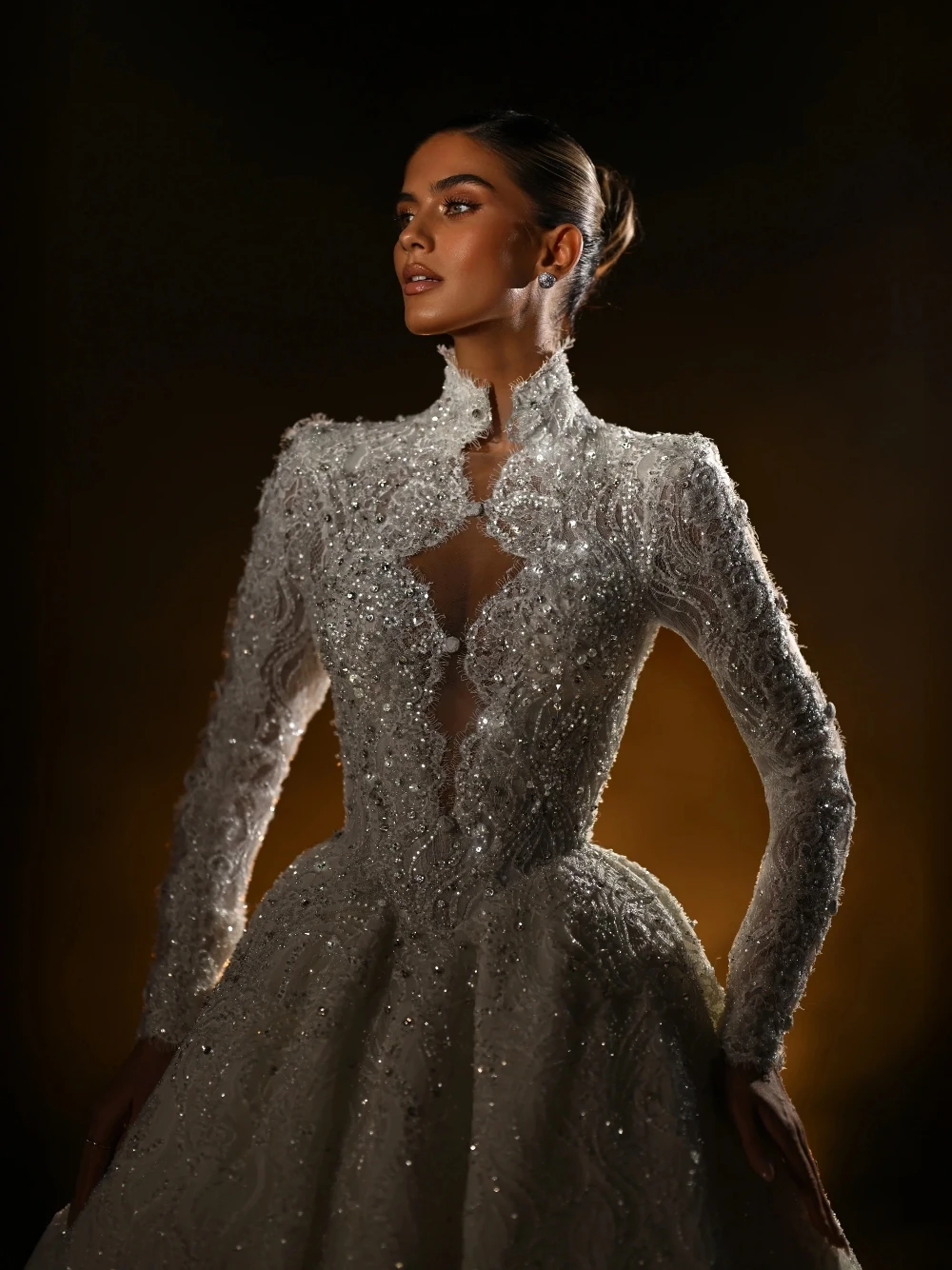 Unique High Neck Lace Wedding Dress With Sheer Cutout & Heavy Beading Long Sleeved Ball Gown Glitter Bridal For Elegant Brides