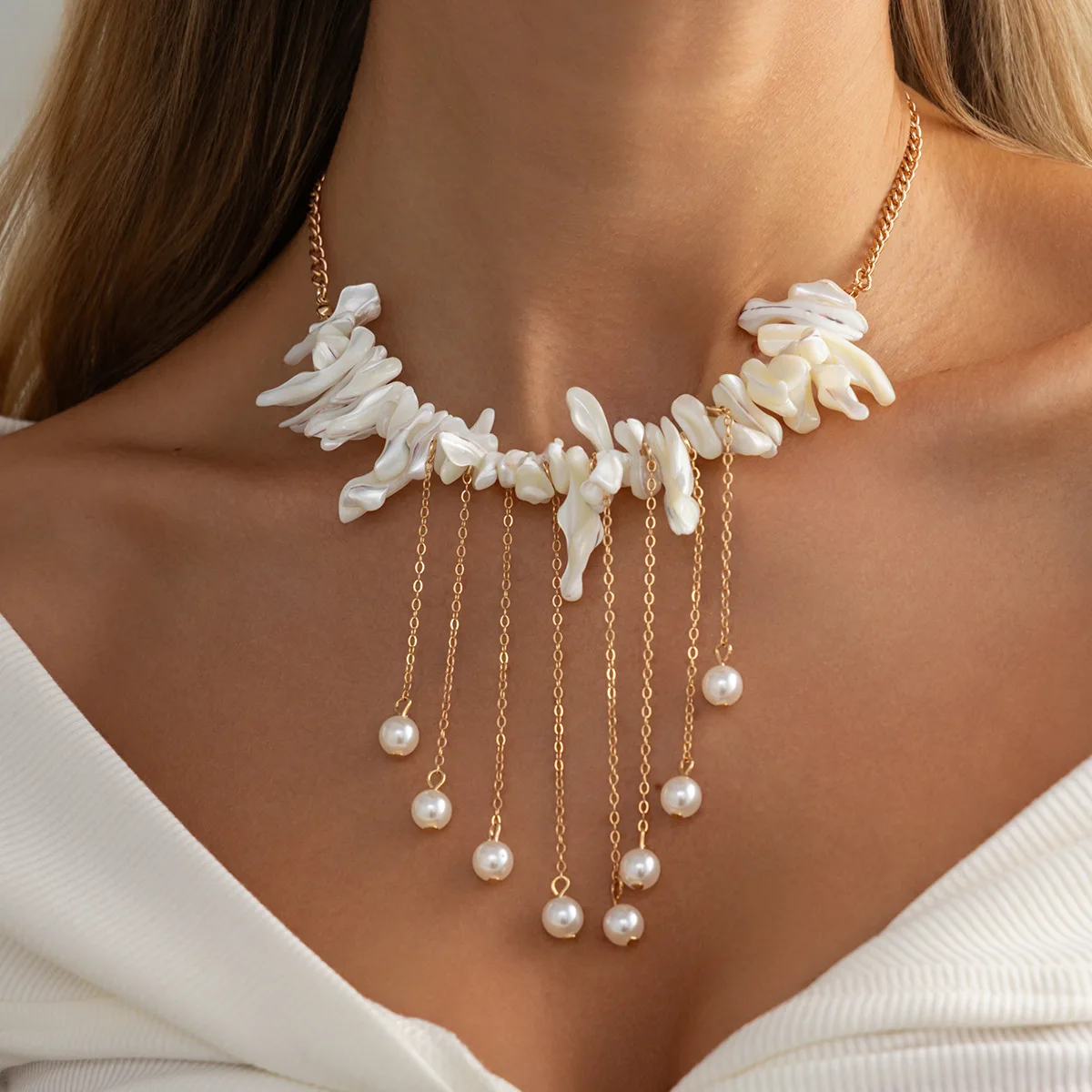 Necklace Irregular Shell Pearl Beads Tassel Handmade French Resort Vacation Bohemian Durable Stylish Unique Jewelry