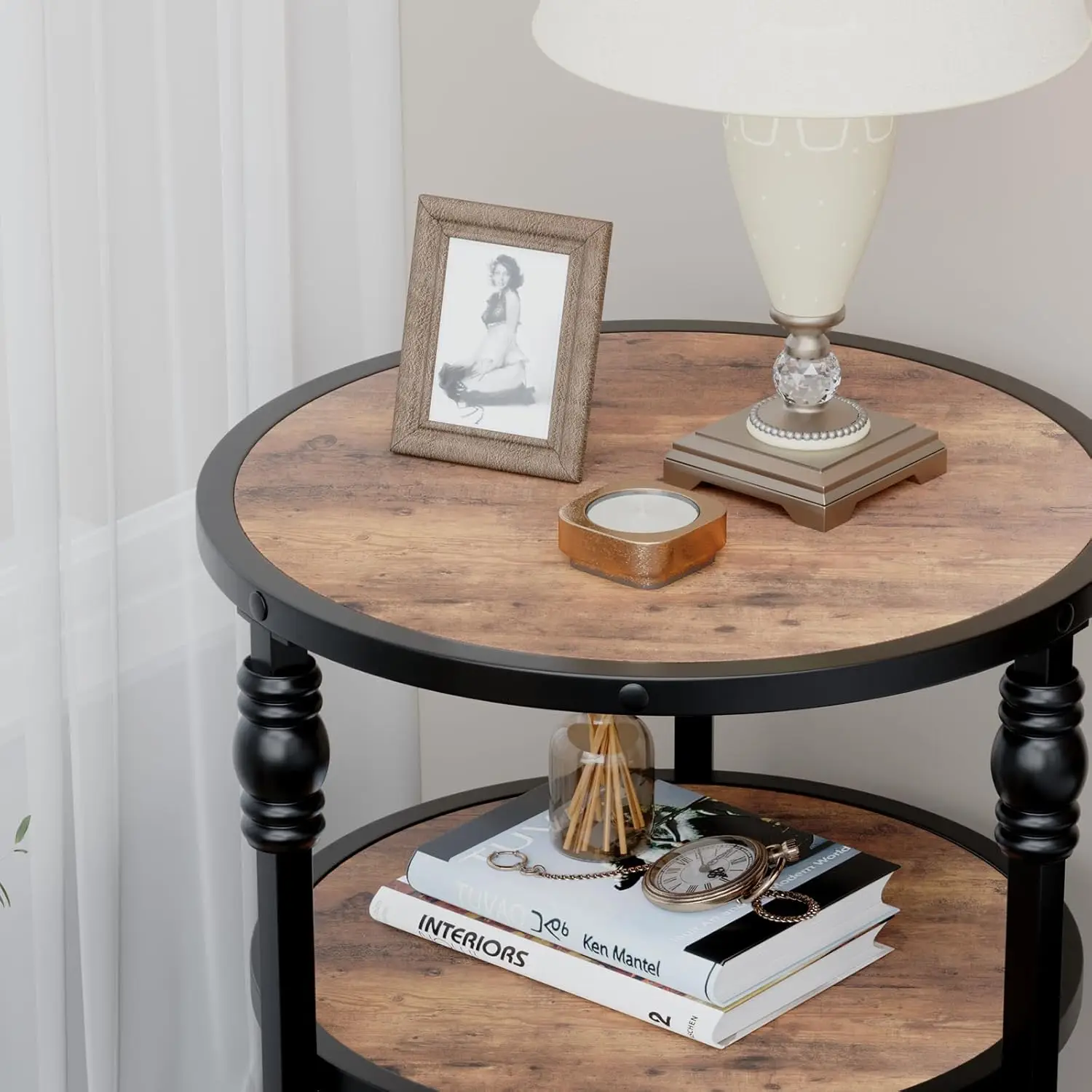 Round Coffee Table with Storage,Round Side Table with Partitions, Metal Industrial Bedside Table for Living Room