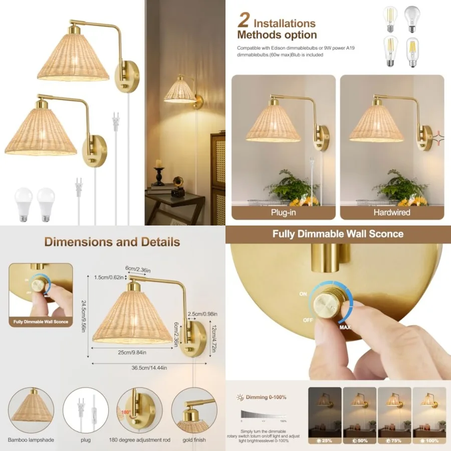 

Plug in Wall Sconces Set of 2, Rattan Wall Lamps with Cord and Dimmer Switch, Swing Arm Wall Mounted Bedside Lamps for Bedroom,