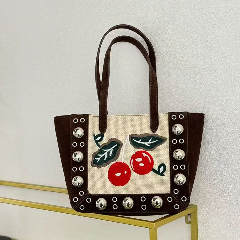 Luxury Shoulder Bag High-end Creative Embroidery Cherry Rivet Tote Bag European American Fashion Retro Vegetable Basket Handbag