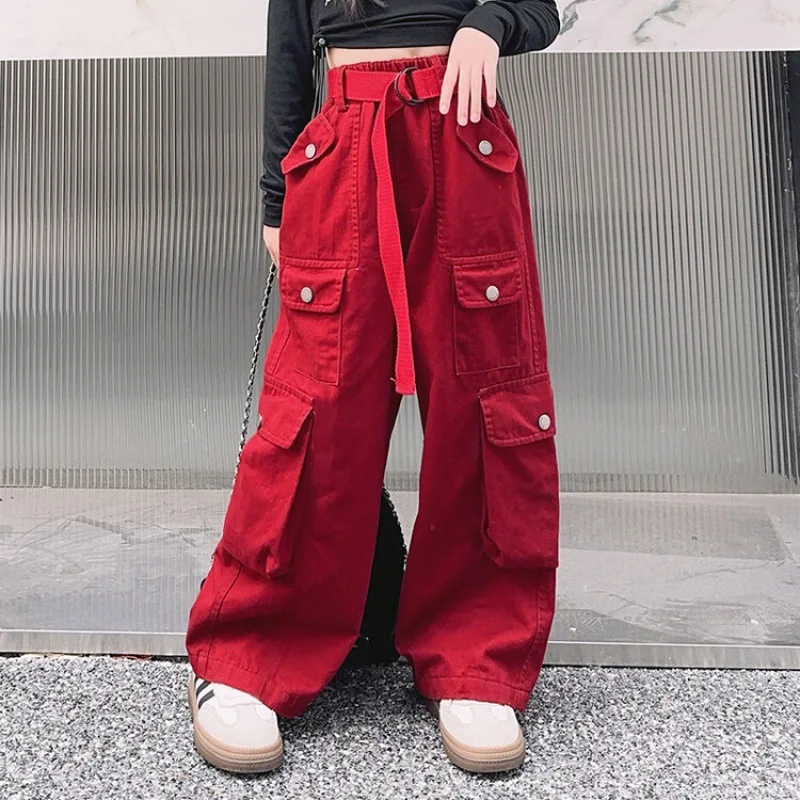 Teen Girls Cargo Pants Loose Casual Fashion Children Trousers Pockets Design Trendy Cool Streetwear Kids Pants 6 8 10 12 14 Year