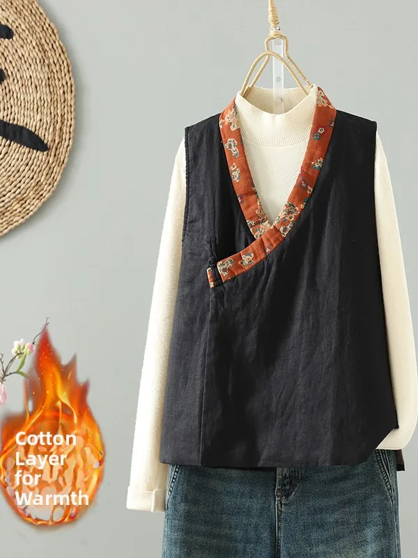 

Autumn Winter Cotton Linen Vintage Button Splice Loose Vest oulder Pad Jaet Ethnic Sle Commute Thiened V-ne Patchwork