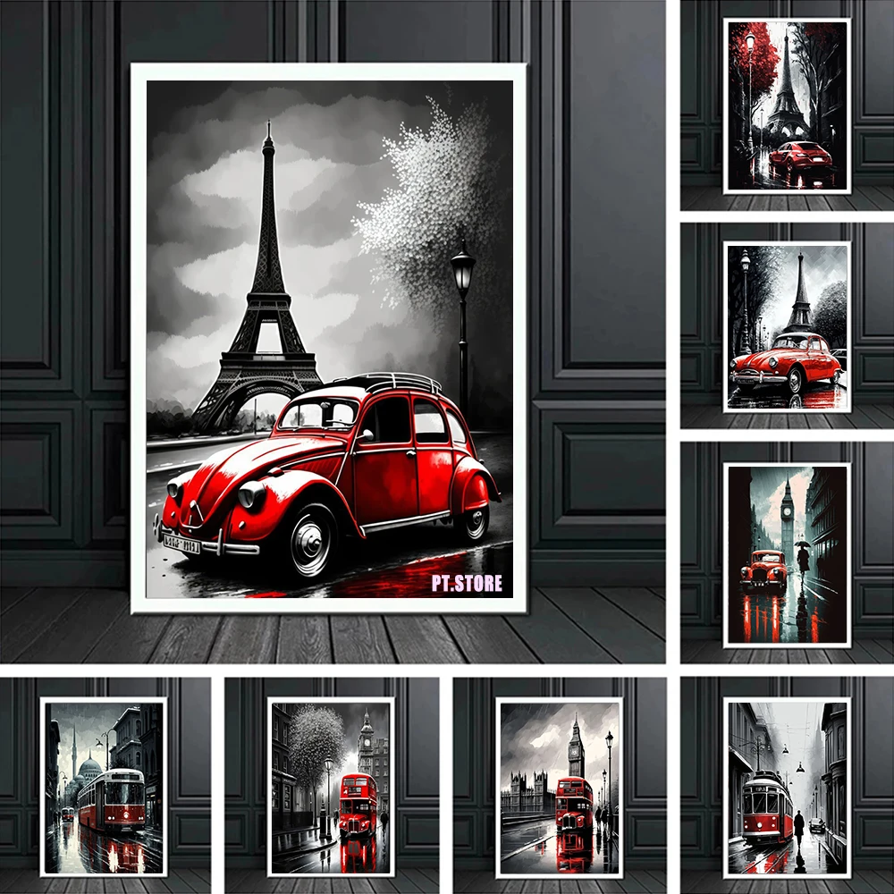 

Abstract London Paris Street Landscape Posters Prints For Home Decor Modern Red Bus Car Eiffel Tower Canvas Painting Wall Art