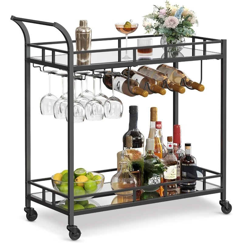 Carrito de Bar negro, carrito de servicio de Bar para el hogar, carrito de vino con 2 estantes espejados, soportes para vino, soportes para copas, para cocina, comedor