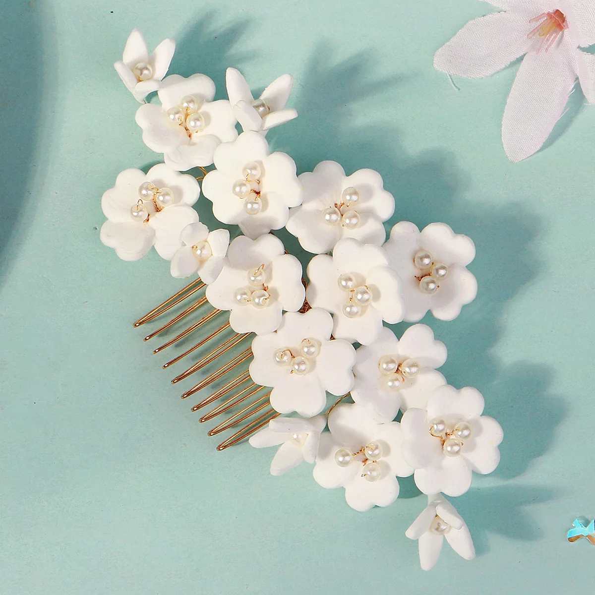 Elegante weiße Polymer Clay Blumen Damen Haarkämme Mode Kristall Perle Haarnadeln Braut Hochzeit Kopfschmuck Schmuck – Detail 20