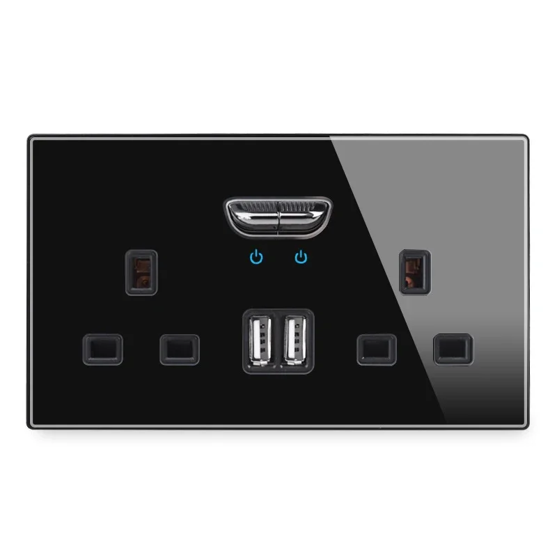 

146 Type 13A Reset Toggle Tempered Glass 2USB British Standard British International Socket Panel Double Three Hole Socket