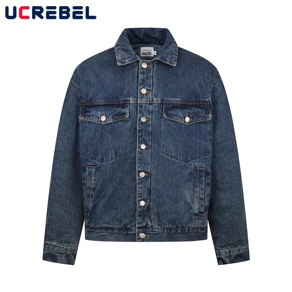 

Pocket Denim Quilted Jacket Mens Winter Thick Washed Distressed Lapel Long Sleeve Single Breasted Cowboy Outerwear Man