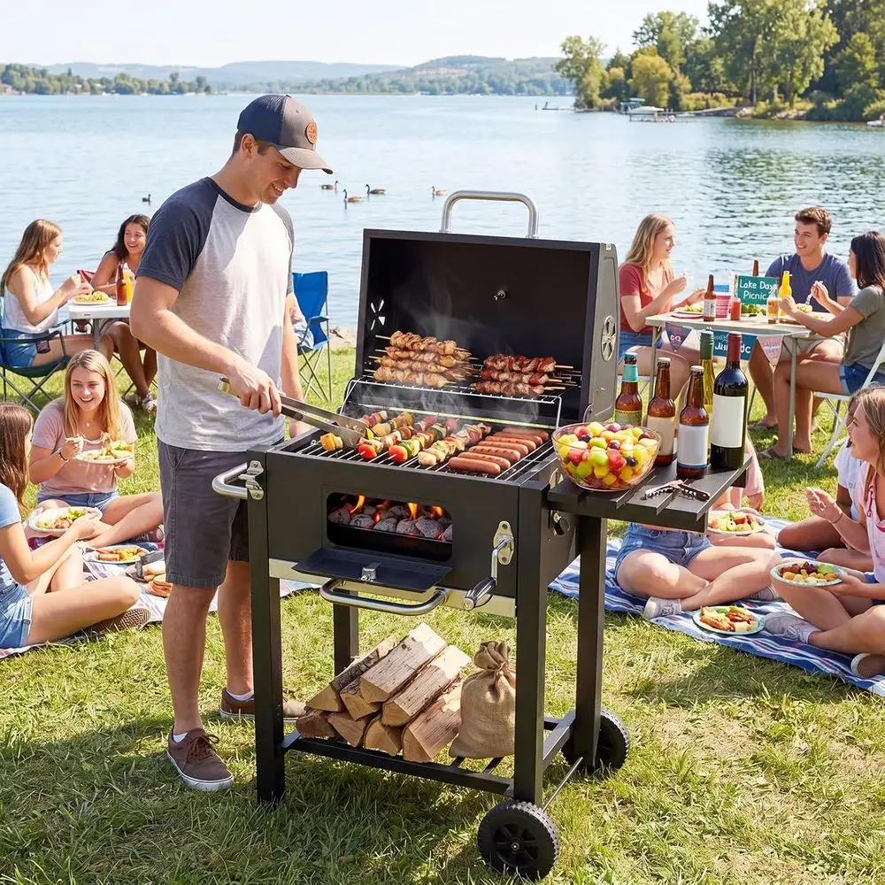 Outdoor BBQ Grill with Foldable Side Shelves, Wheels, Adjustable Charcoal Tray, Thermometer, Ash Tray, Perfect for Front or Back