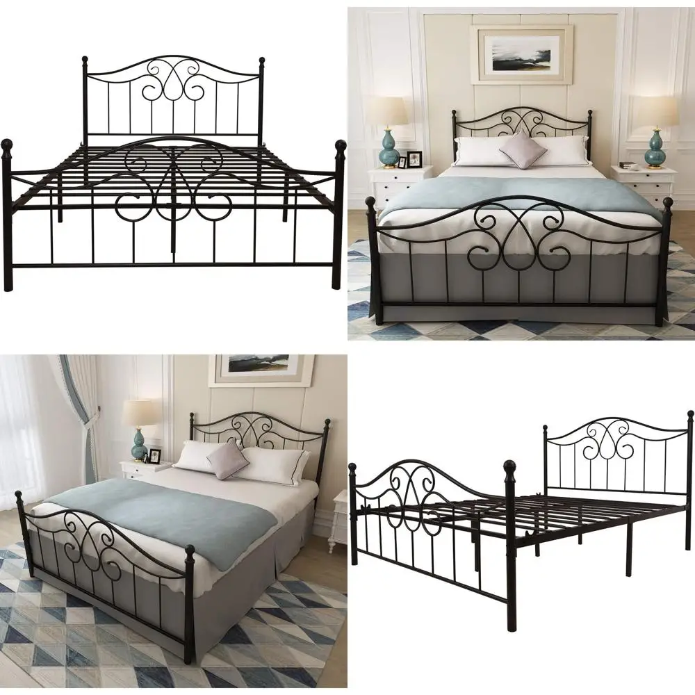 

Винтажная металлическая кровать размера Queen с изголовьем и изножьем, без пружинного блока, черная