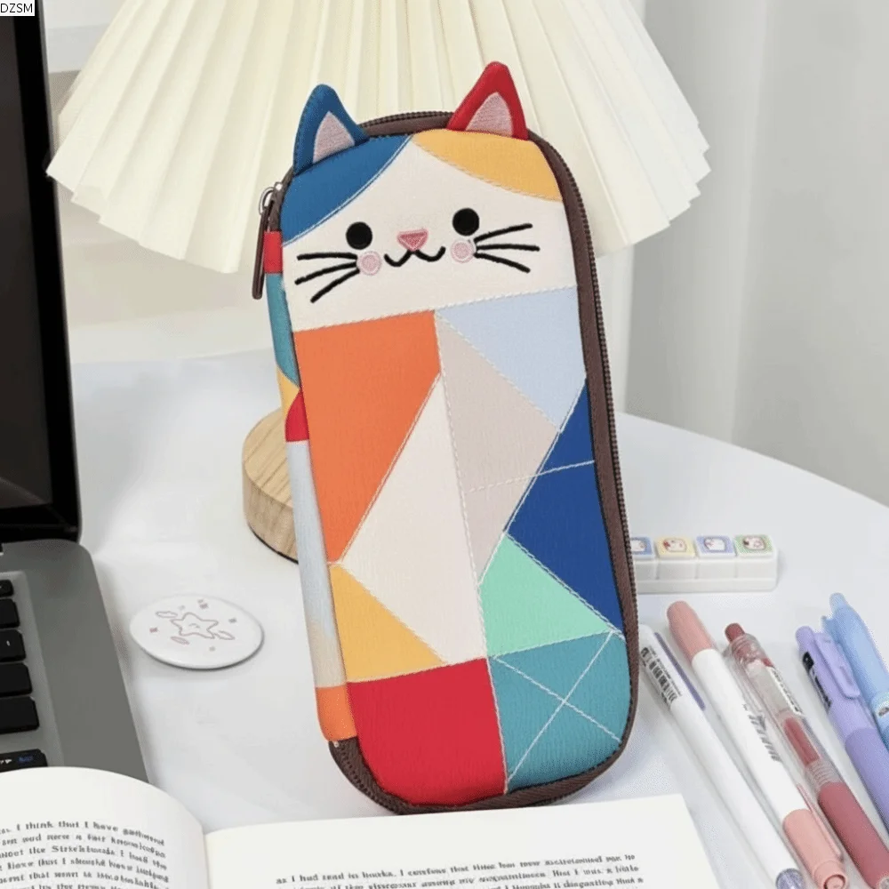

Fashion Cloth Cat Pencil Case Patchwork Color Block Cartoon Pen Bag Multifunctional Zipper Stationery Storage Bag Students Gift