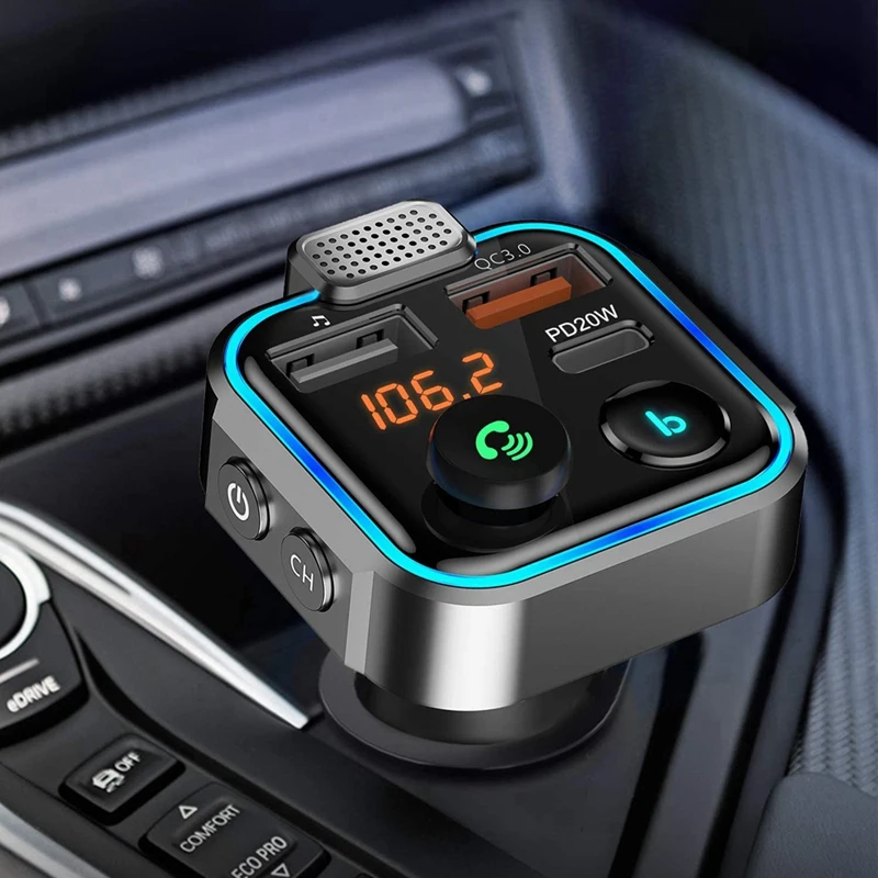 Car FM Transmitter Sound Fast USB Charger Car Adapter Support 42W PD+QC3.0 LED Backlight Wireless Call