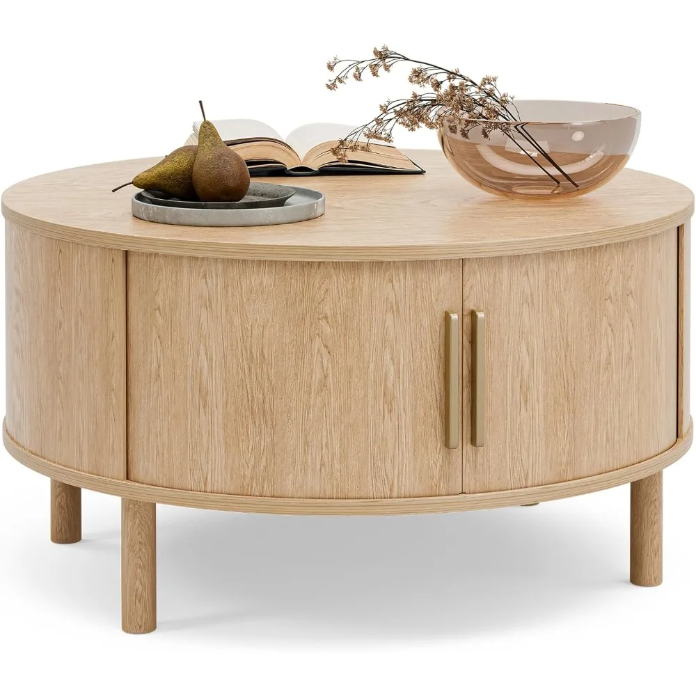 طاولة قهوة لغرفة المعيشة، طاولة قهوة مستديرة حديثة مع خزائن وأبواب منزلقة، مساحة صغيرة للمنزل، علامة تبويب مركزية مخددة 29.9 بوصة