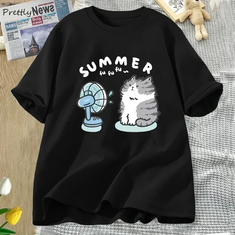 Funny Cat and Fan Graphic Printed T-shirt Women Fashion Casual Short Sleeved Streetwear Tee Shirt Harajuku Y2k Clothing Tops