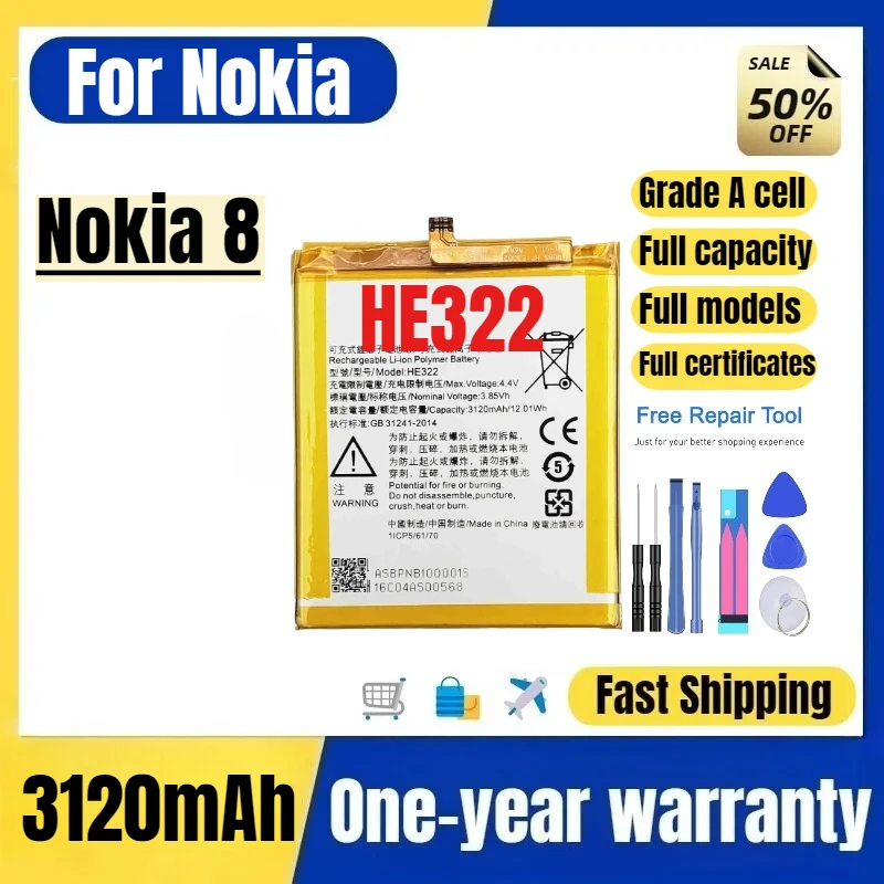 

HE322 for Nokia 8 Mobile Phone Battery High Quality High Capacity Battery Replacement Bateria Grade A Cell with Tools