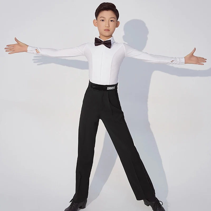 

Boys Latin Dance Costume Professional Competition Suit Long Sleeve Shirt Black Pants Rumba Samba Dance Cloting Stage Wear VDL195