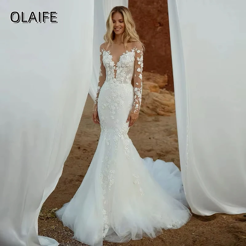 Olaife Detachable Lace Sweep Train Wedding Dresses Sexy Mermaid Appliques Long Sleeves Bridal Gowns vestidos de noiva