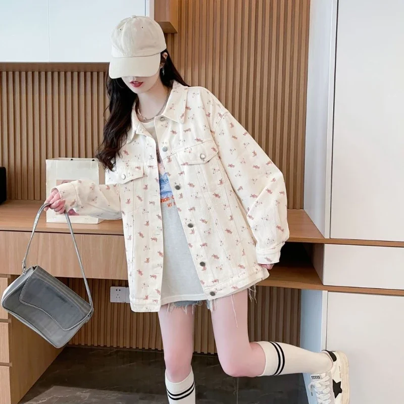 

Женская джинсовая куртка с принтом медведя для пар, весенне-осенняя повседневная куртка большого размера в корейском стиле с напуском, уникальный дизайн