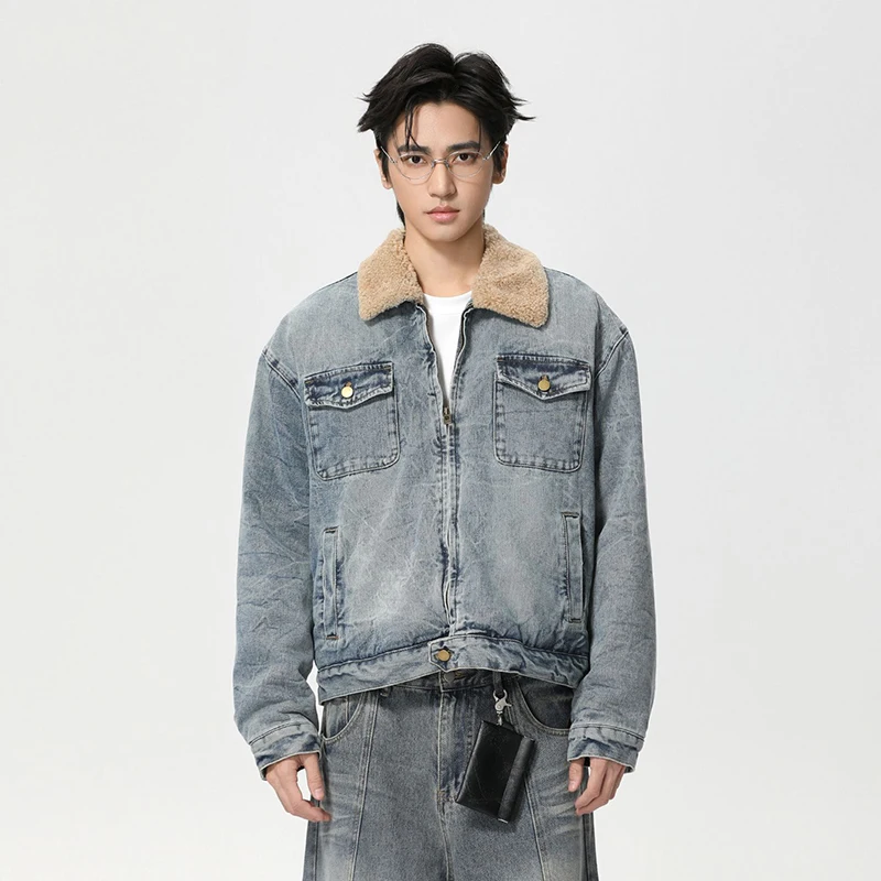 Men Jackets Men's Clothing Casual Patchwork Turn-down Collar Imitation Lamb Wool Winter Warm Washed Denim Jacket Q44R