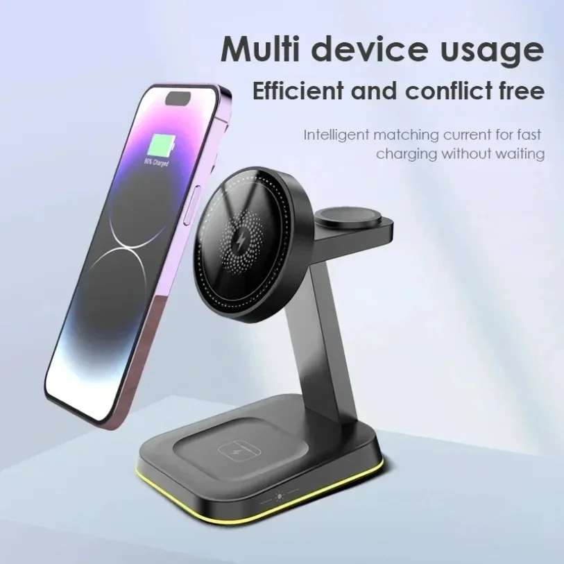 

30 Вт 3 в 1 подставка для беспроводного зарядного устройства со светодиодной подсветкой, док-станция для быстрой зарядки для Macsafe iPhone 15 14 13 12 Pro Max iWatch 9 8 7 6