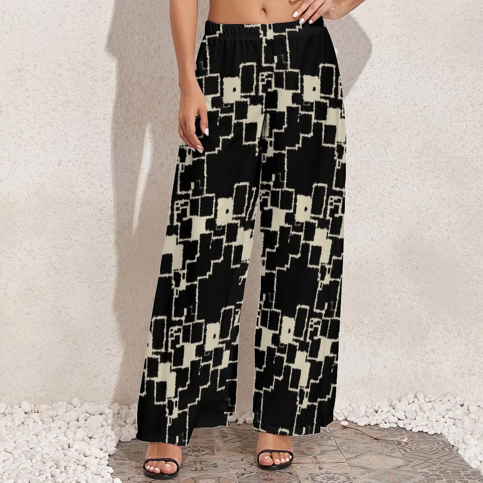 Vintage Wide Geometric Calças para Mulheres, Patchwork Print, Custom Straight Calças, Tamanho Grande, Streetwear Escritório