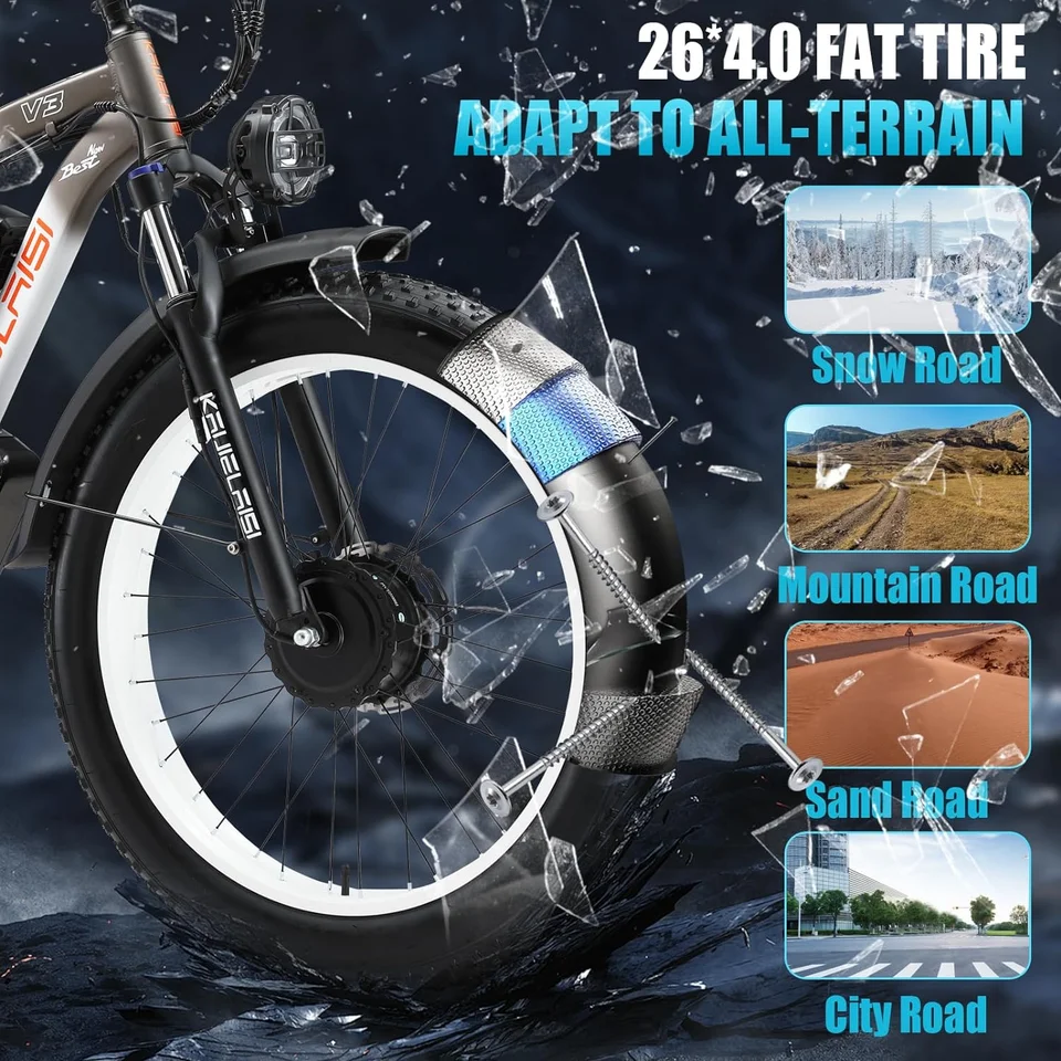 Kaijielaisi V3 AWD Electric Bike for Adults, Peak 4000W Power 26” Fat Tire Ebike, Dual Motor Electric Bicycles, 48V 22.4AH Removable Battery Fast Dual Hydraulic Brakes 21-Speed Electric Mountain EBike image 8