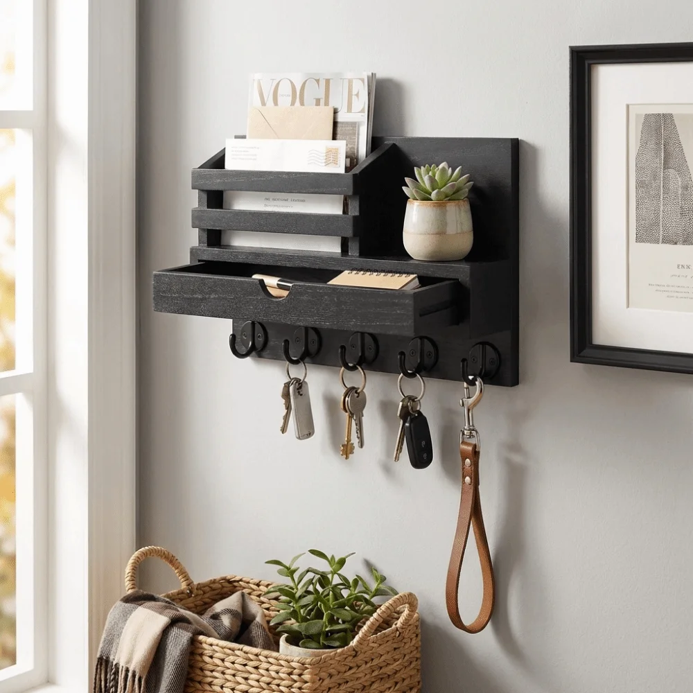 Solid Wood Wooden Wall Mounted Storage Rack Multiple Hooks Simple Design Solid Wood Organizer With Drawer Natural Appearance