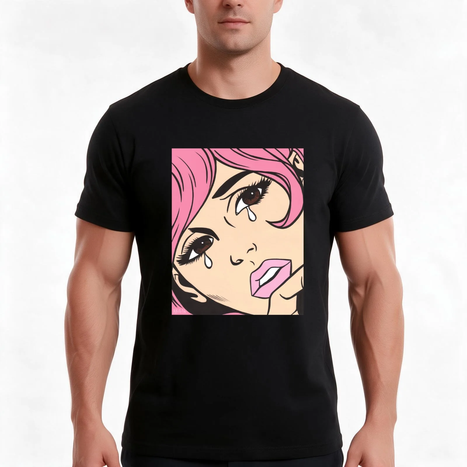 Pink Crying Comic Girl T-Shirt, Summer Casual Cotton Tee, Oversized Streetwear Tops, Vintage Graphic Print, Unisex Men Women