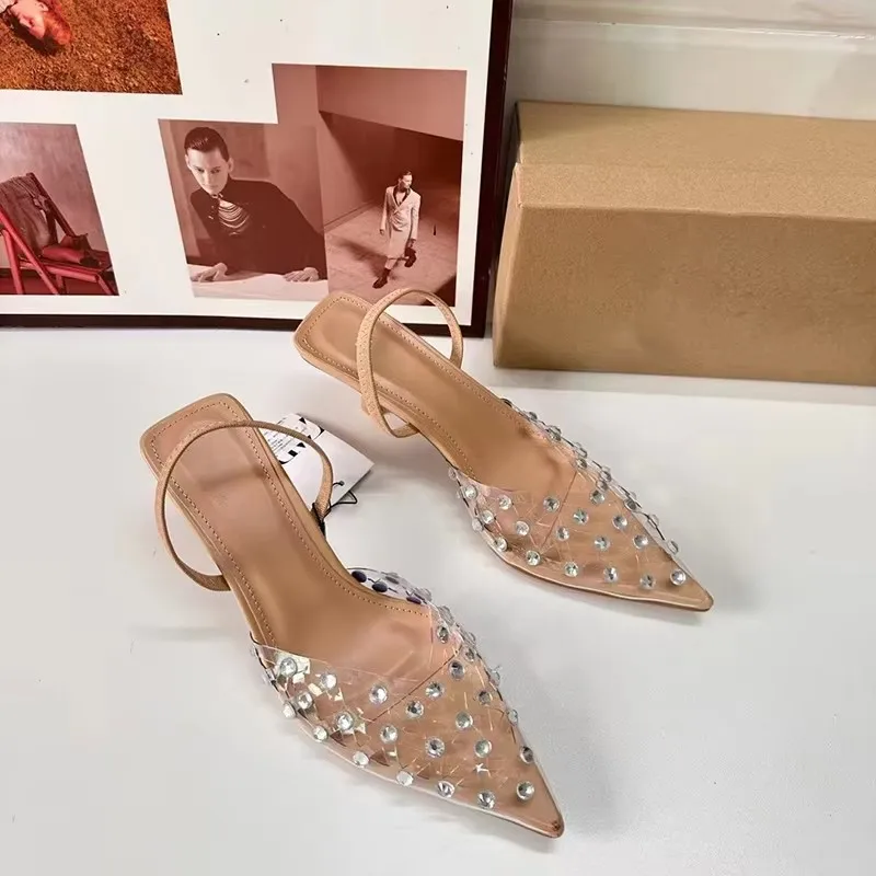 2024 TRAF Women Elegant Rhinestone High Heels Sexy Transpatent Diamond Slingback Pumps Woman's Fashion Evening Party Sandals