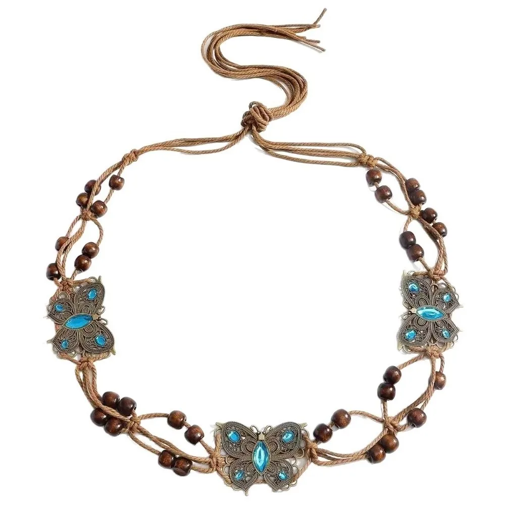 Retro Bohemian Butterfly Tassel Waist Chain Flower Pattern Beads Vintage Belt Y2K Hip Chain Body Jewelry