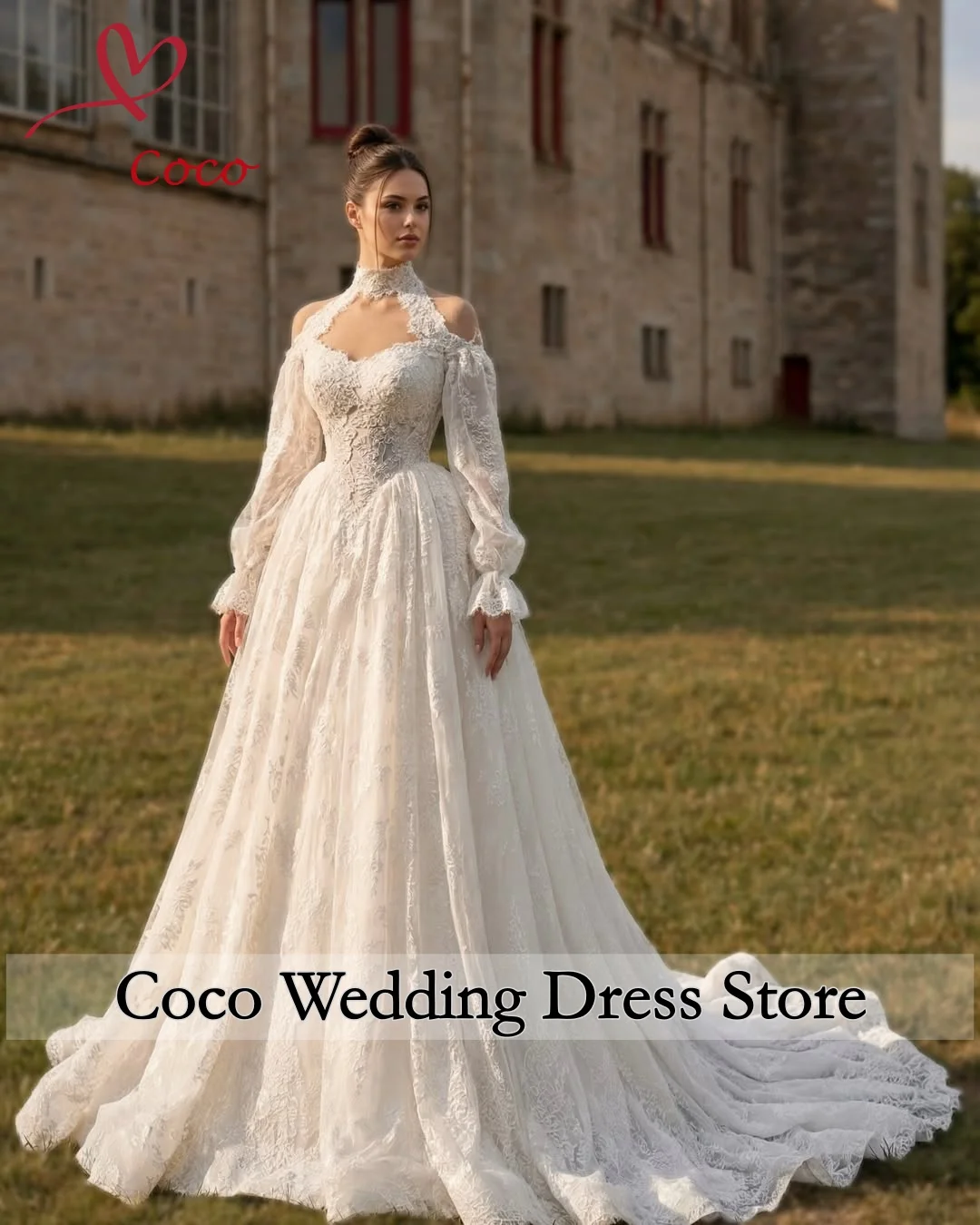

Customized Luxury Lace Wedding Dress High Neck Full Sleeves A Line Bridal Gowns Women Sweep Train Bride Dresses