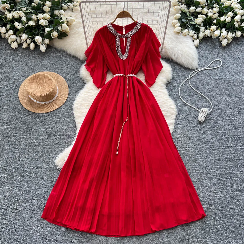 

Sexy rhinestone hollow out chain short sleeve A-line Chic Vintage korean fashion Evening Women Beach dresses women clothing