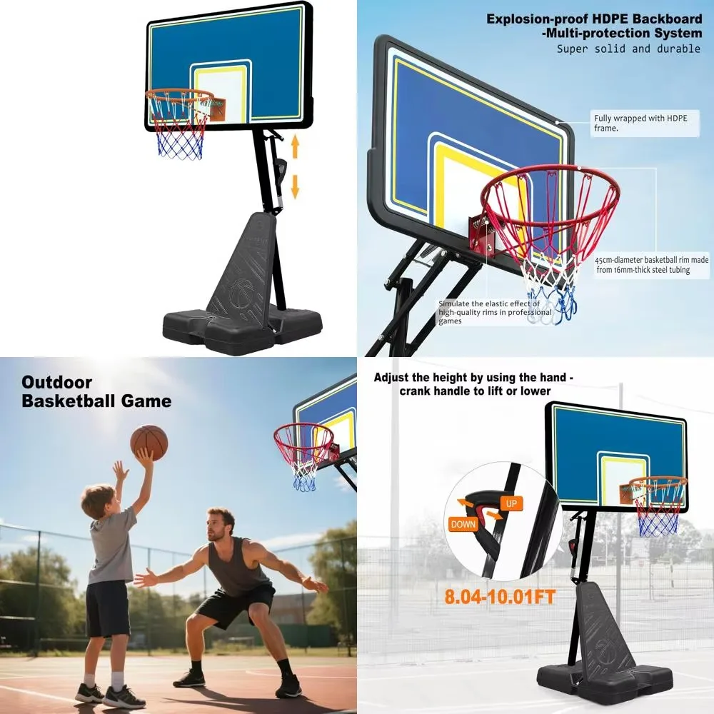 高さ8～10フィートの範囲で調整可能なポータブル屋外バスケットボールフープシステム、44インチの耐衝撃性バックボードと頑丈なベース付き