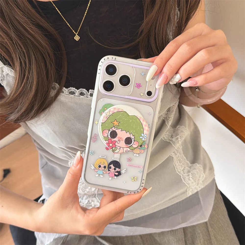

Korean Cartoon Angel Girl Magnetic Phone case for iPhone 16 Pro 15 14 13 17 Pro Max Cover With Magsafe Stand Cute Protective Cas