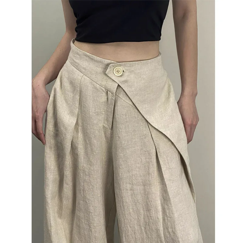 Pantaloni larghi pieghettati a gamba larga pantaloni larghi in lino abbigliamento Casual da donna