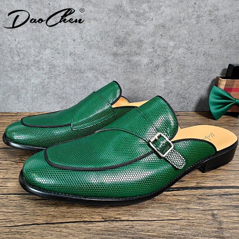 Luxury Mens Leather Shoes Green Black Slip On Buckle Strap Casual Dress Men Shoes Summer Party Banquet Half Shoes For Men