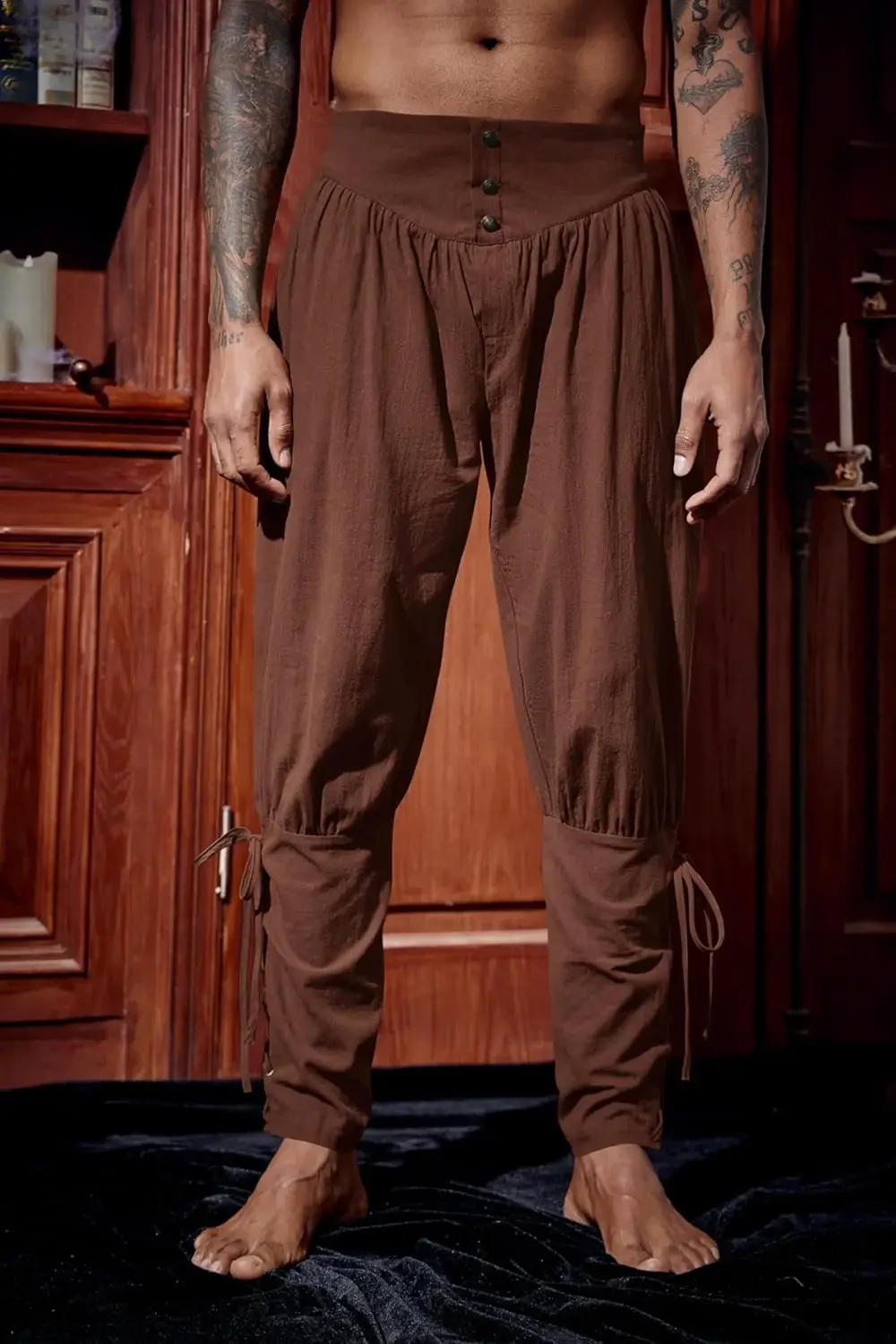 Mens Medieval Ankle Pants Renaissance Viking Pirate Lace Up Tapered Halloween Linen Costume Trousers streetwear  pants men view 3