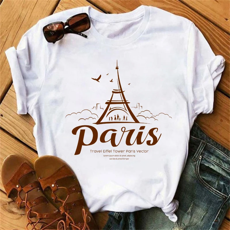 Luxury Brand Women's Tops Tshirt Harajuku Paris Eiffel Tower Printing T Shirt Casual Short Sleeve Female Clothing T-shirts